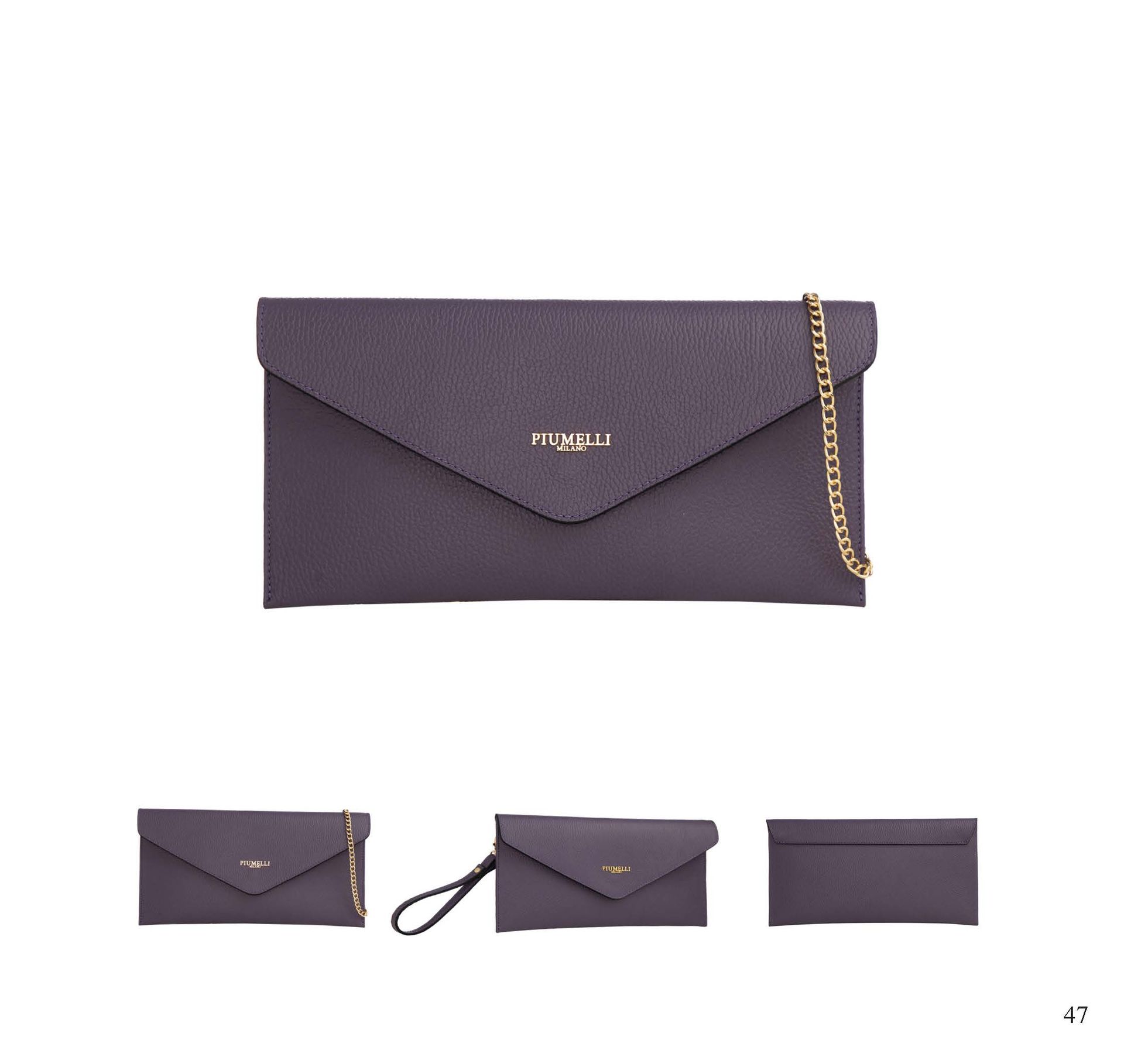 Lila Clutch mit Goldkette und drei alternativen Ansichten.