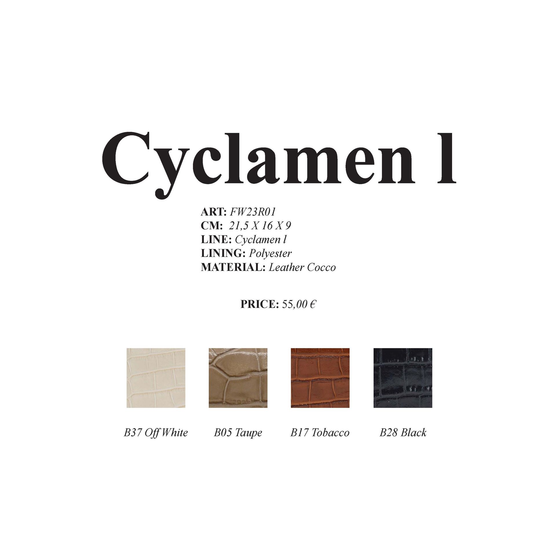 Produktetikett „Cyclamen I“ mit Farbmustern: gebrochenes Weiß, Beige, Tabak und Dunkelblau.