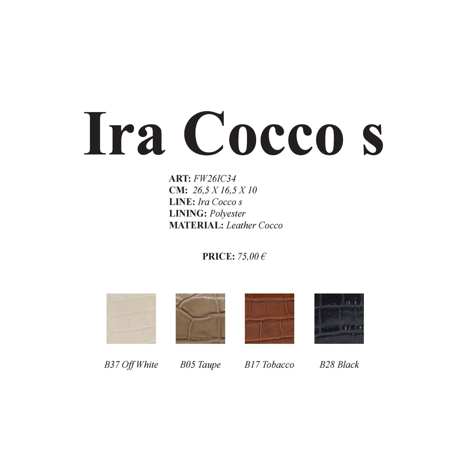 Produktdetails zur Tasche „Ira Cocco S“ mit Farbmustern: Off-White, Beige, Tabak und Dunkelblau.