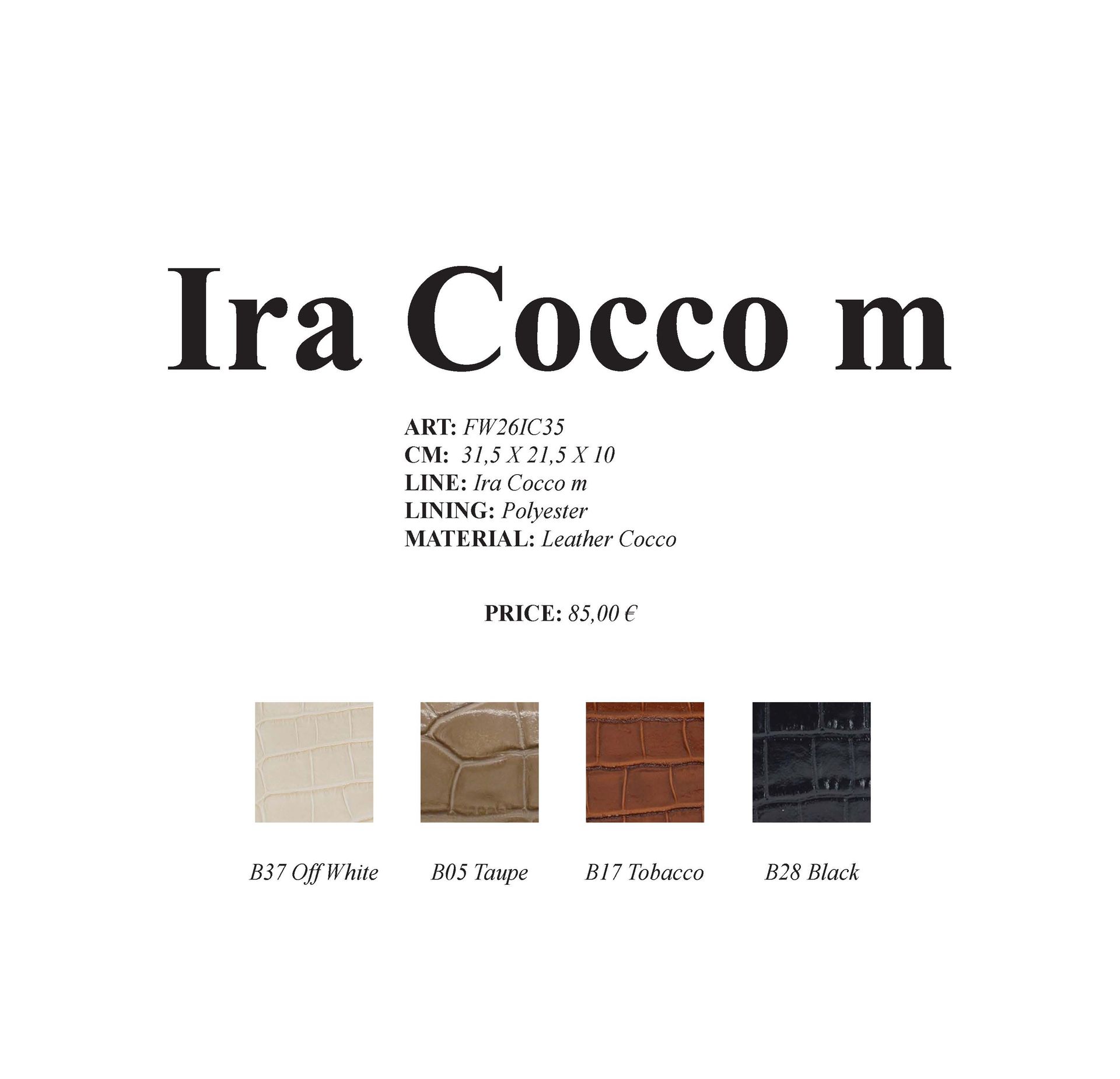 Produktinformationen zu den Taschen „Ira Coco m“: Farbmuster in Off White, Beige, Tobacco und Dark.