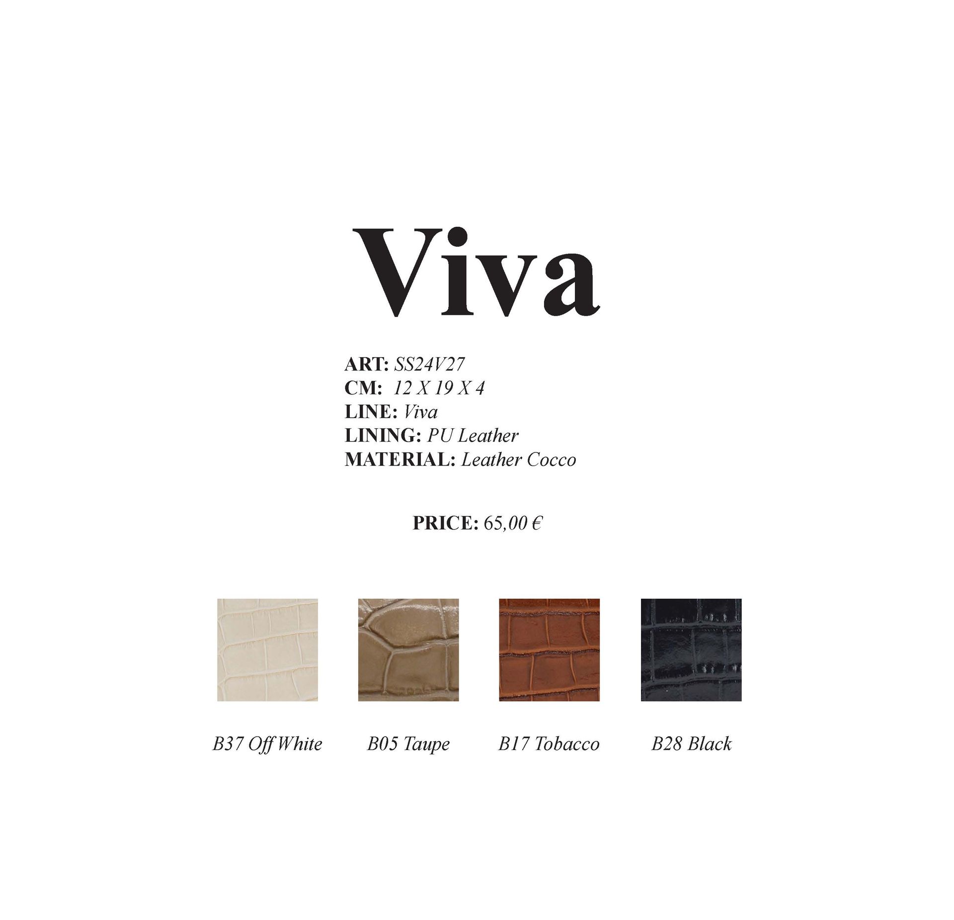 Produktinformationen zu „Viva“: Tasche mit Farbmustern (Cremeweiß, Taupe, Tabak, Dunkel).