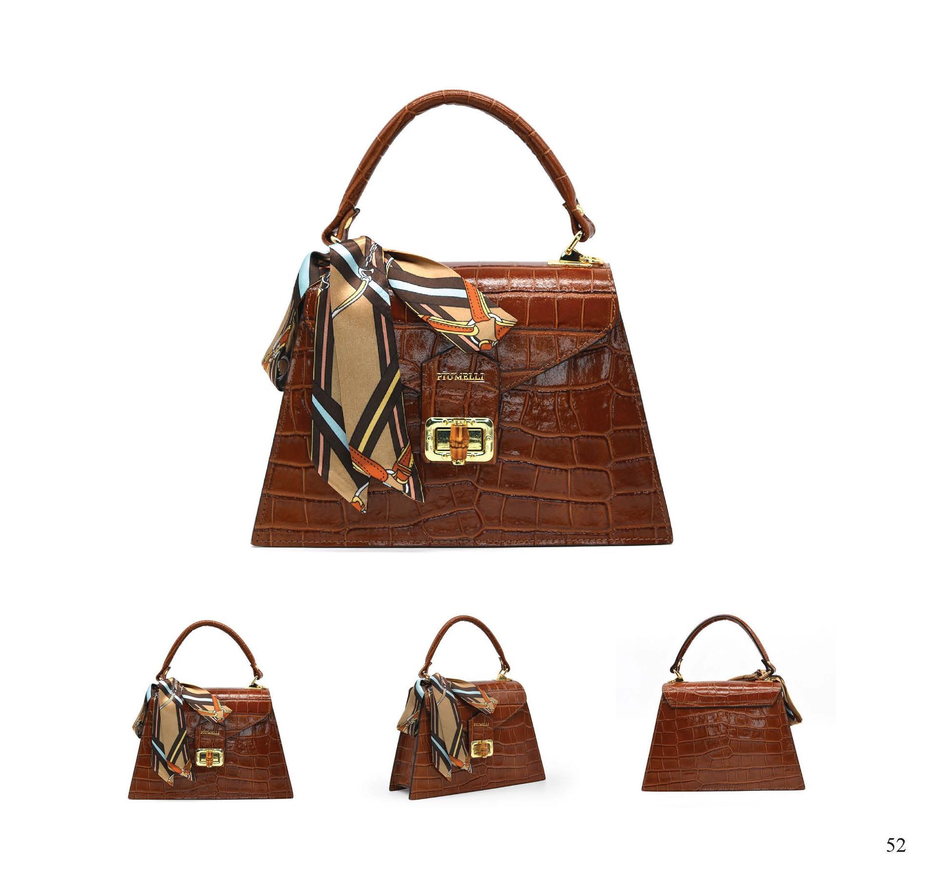 Braune Lederhandtasche mit gemustertem Schal und Henkel, dazu drei kleinere Ansichten.
