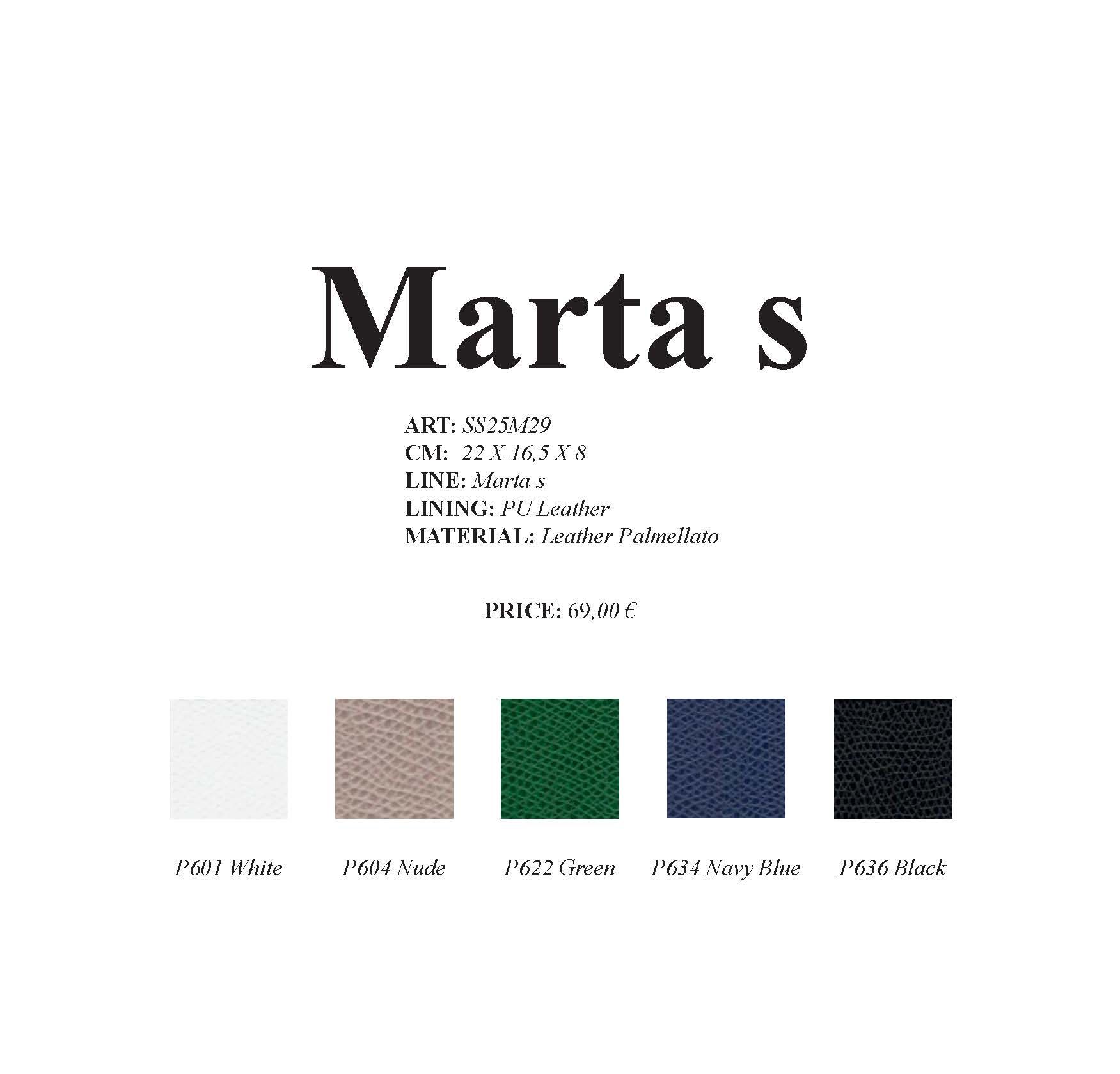 Text „Marta s“, Stofffarbmuster: Weiß, Taupe, Grün, Marineblau und Schwarz.