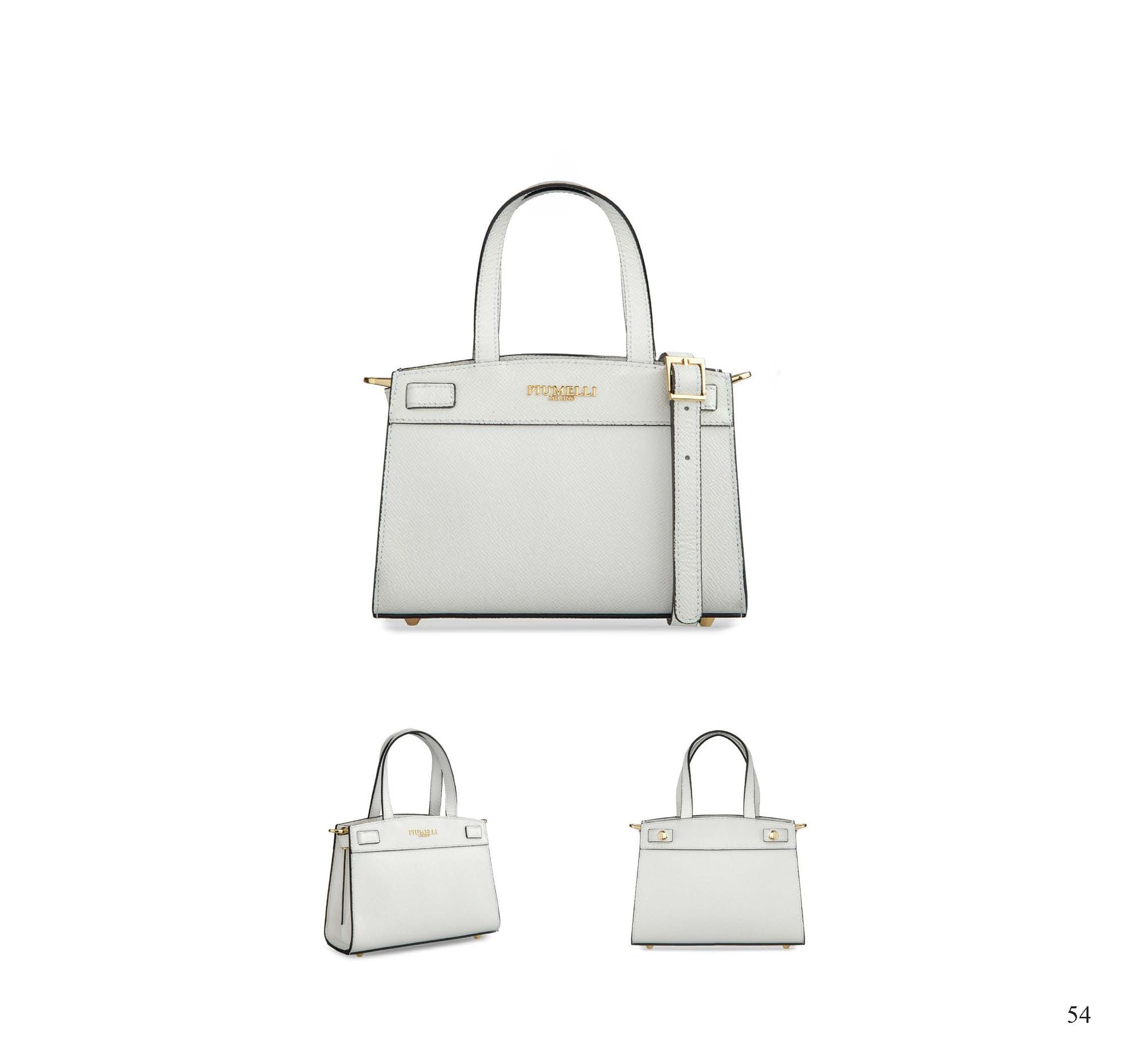 Weiße Handtasche mit Tragegriffen und Schulterriemen, aus verschiedenen Blickwinkeln betrachtet.