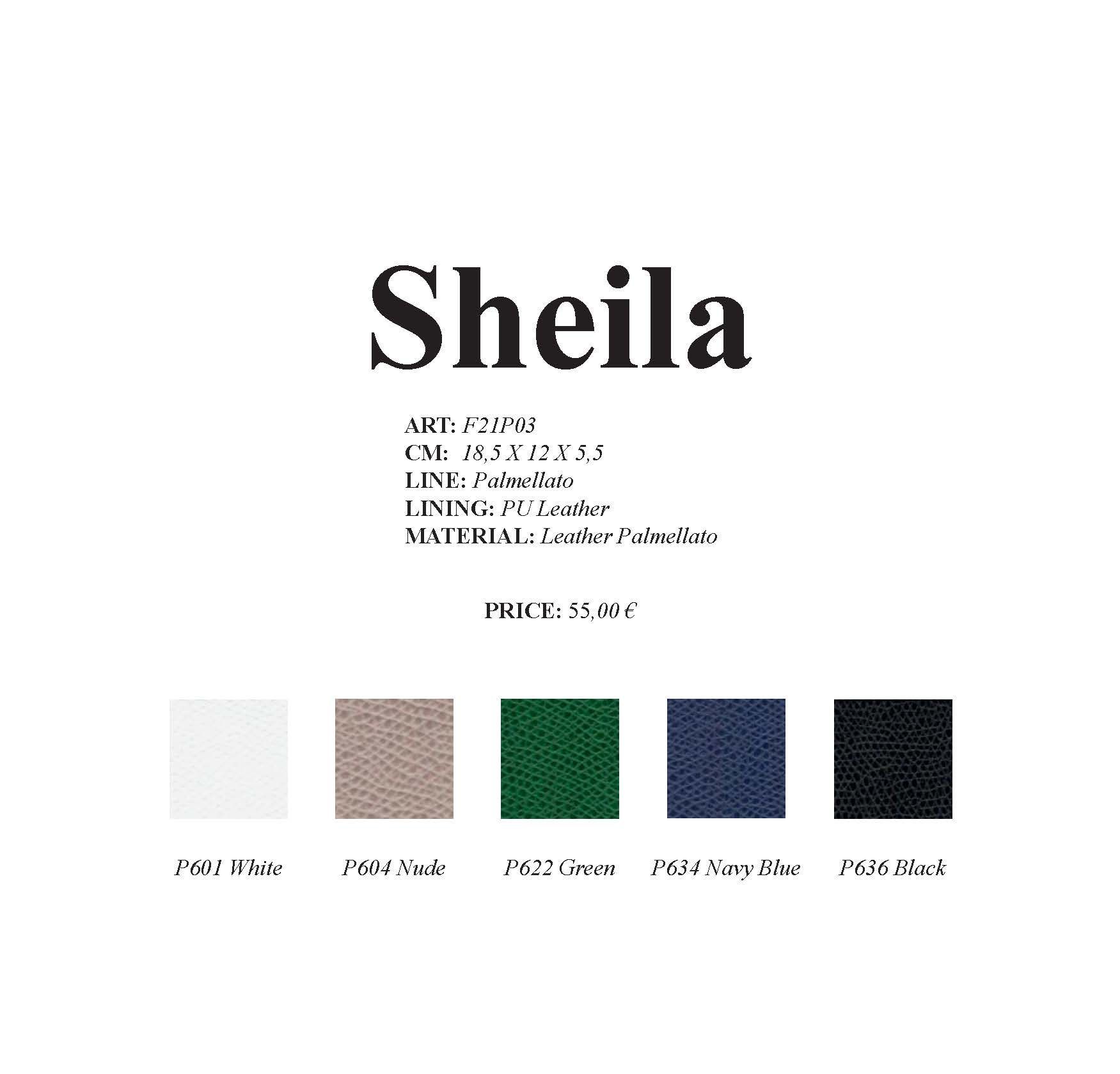Produktspezifikationen für die Tasche „Sheila“ mit Farbmustern: Weiß, Wade, Grün, Marineblau und Schwarz.