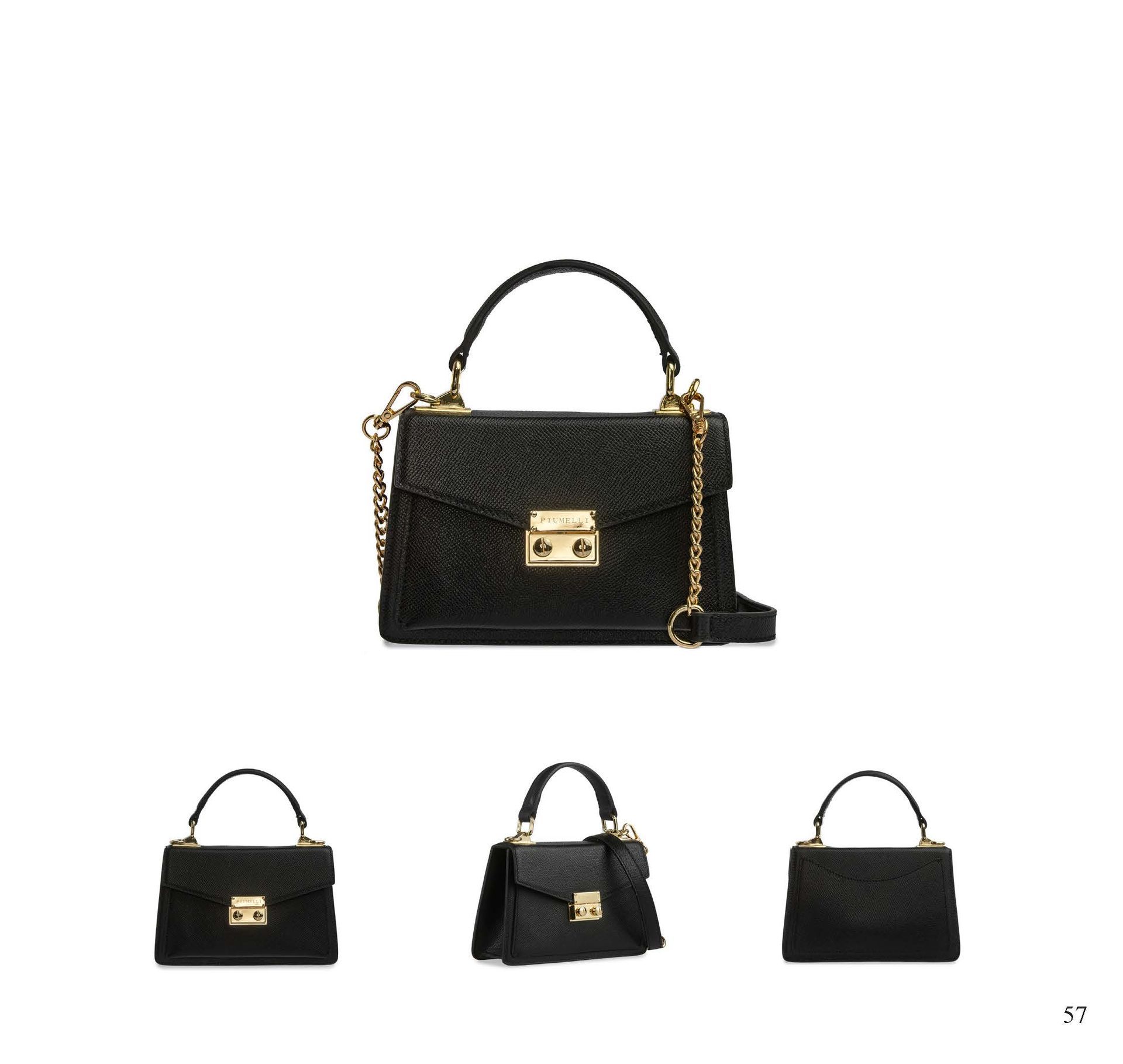 Schwarze Handtasche mit goldfarbenen Beschlägen, Henkel und Kettenriemen. Drei kleinere Ansichten unten.