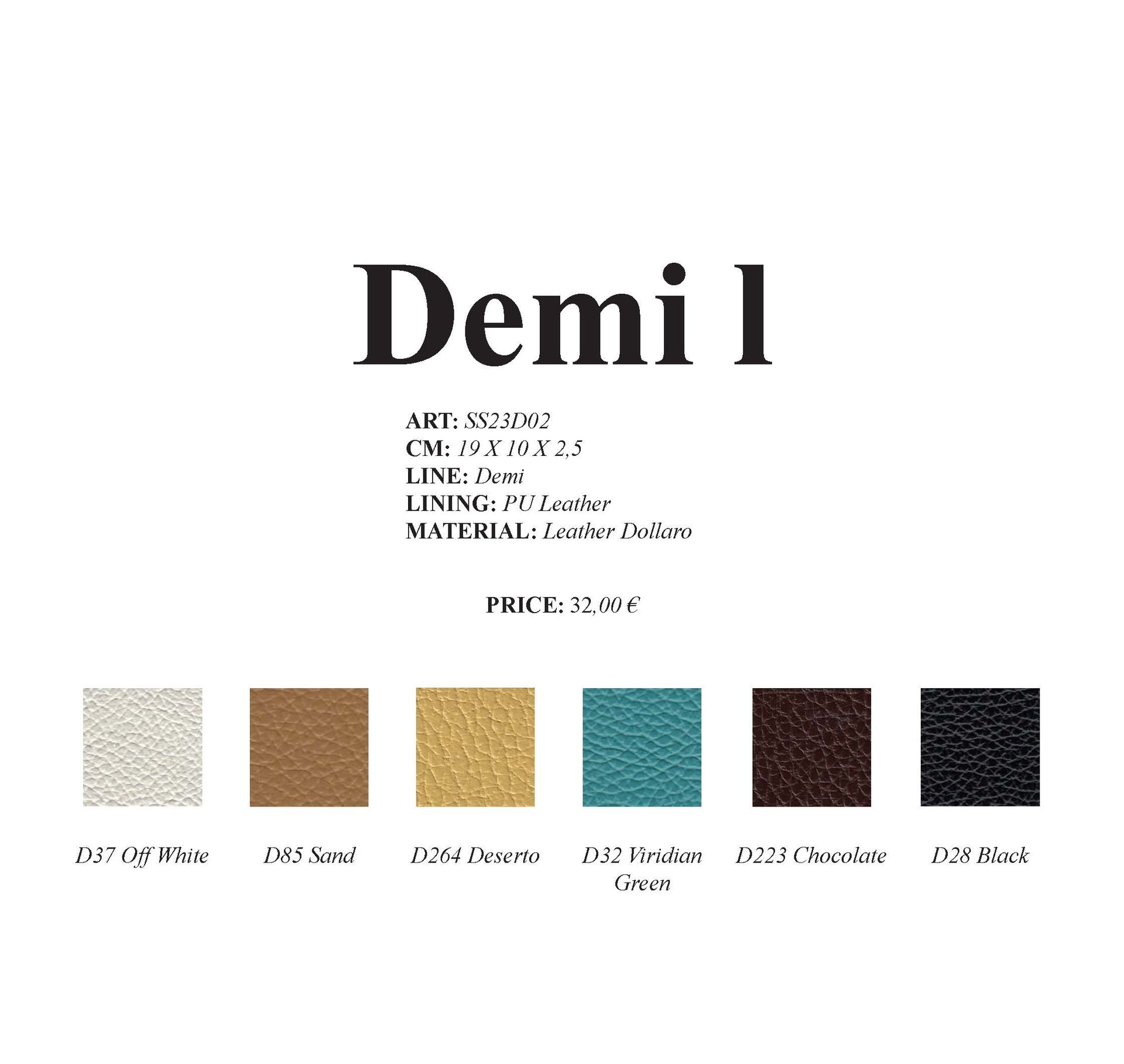 Demi I Produktbild mit Farbmustern: Weiß, Sand, Wüste, Ozean, Kastanie und Schwarz.