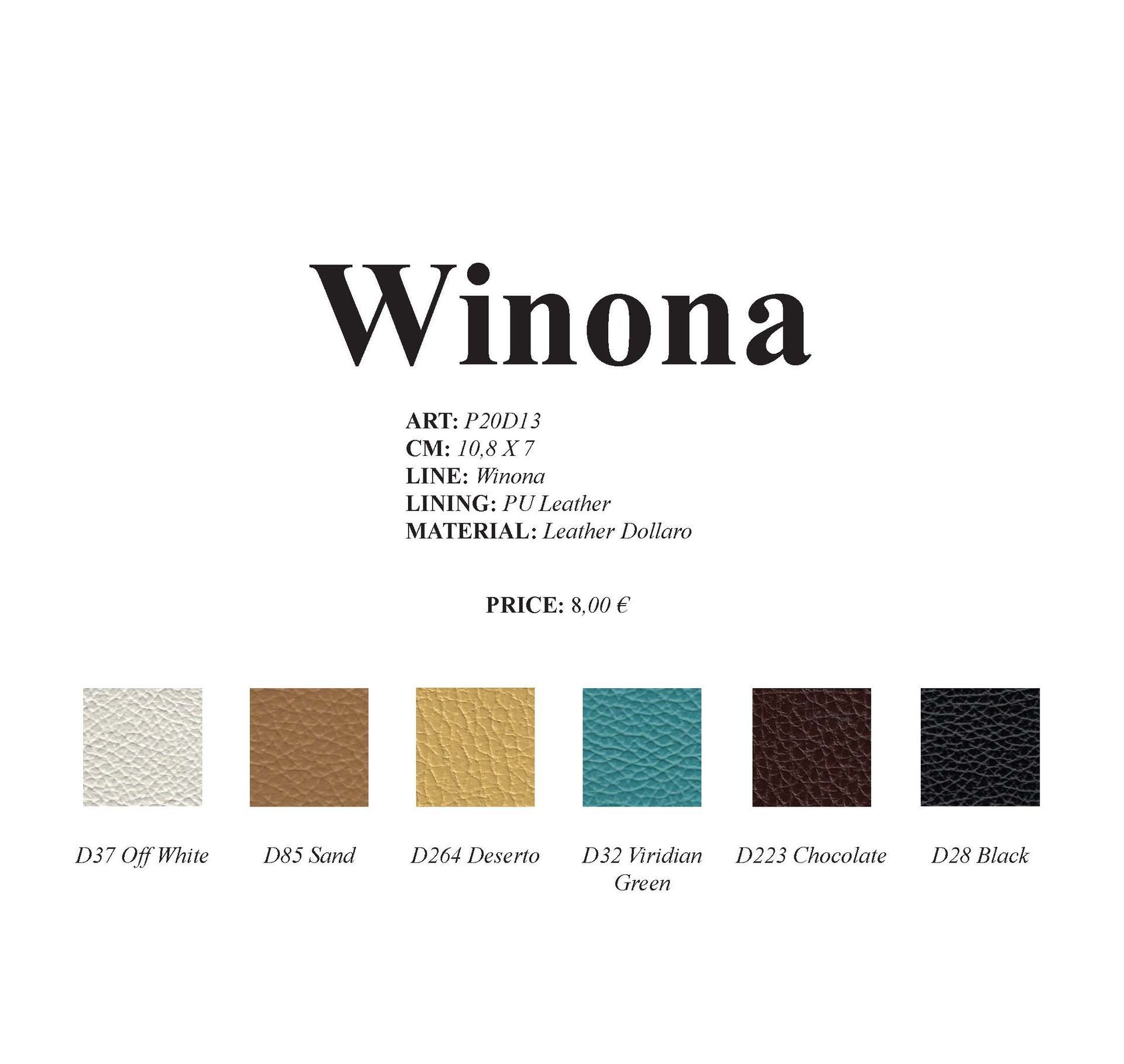 Winona Produktdetails, inklusive Farbmuster: Beige, Hellbraun, Gold, Türkis, Braun und Schwarz.
