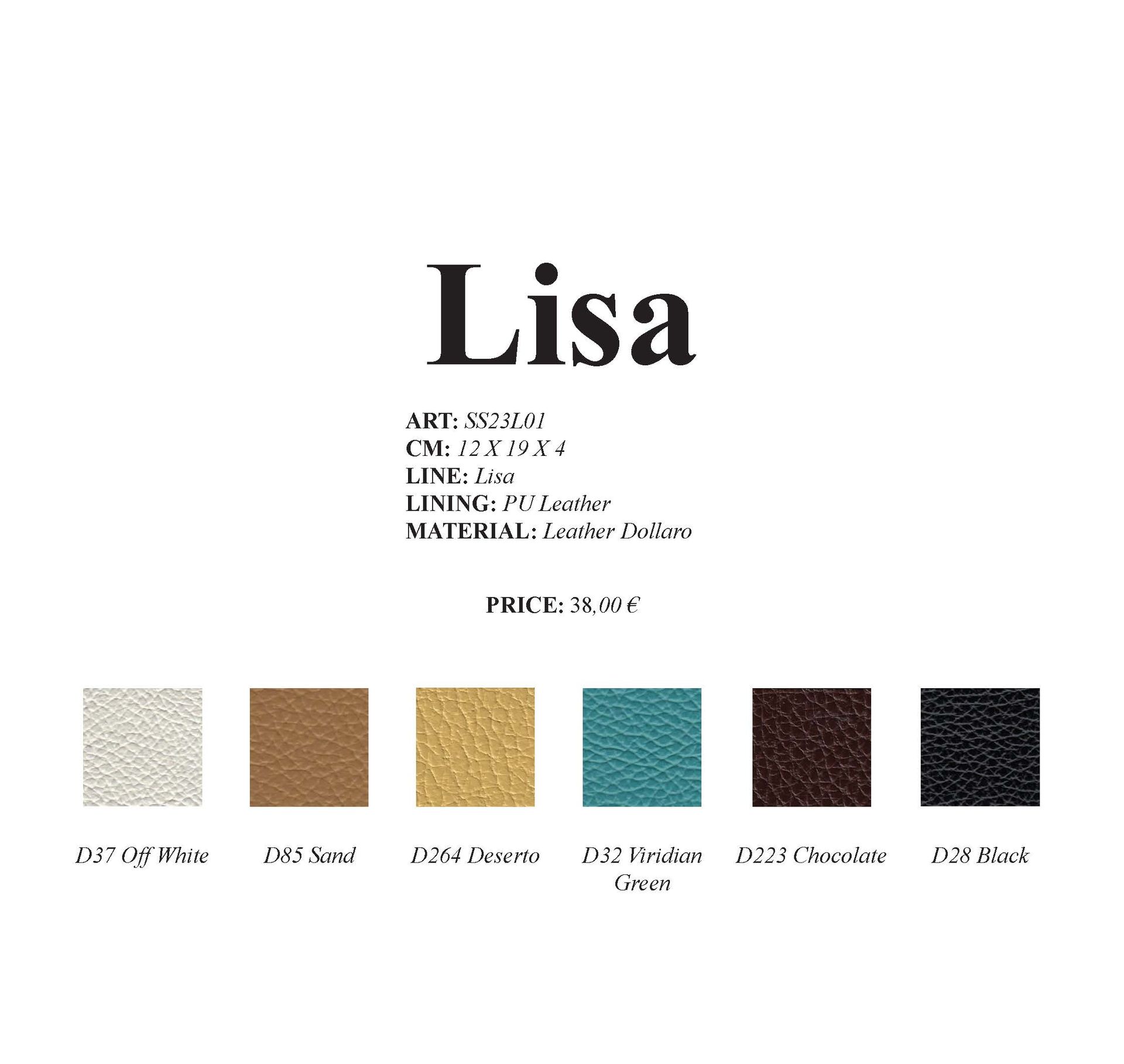Produktspezifikation für „Lisa“ mit Farbmustern: Weiß, Braun, Beige, Türkis, Dunkelbraun und Schwarz.