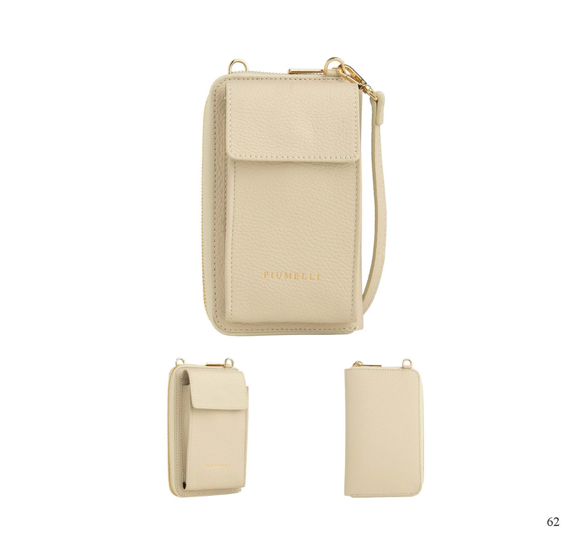 Beigefarbene Umhängetasche für Handys mit Überschlag und Handschlaufe. Zwei weitere Ansichten der Tasche.