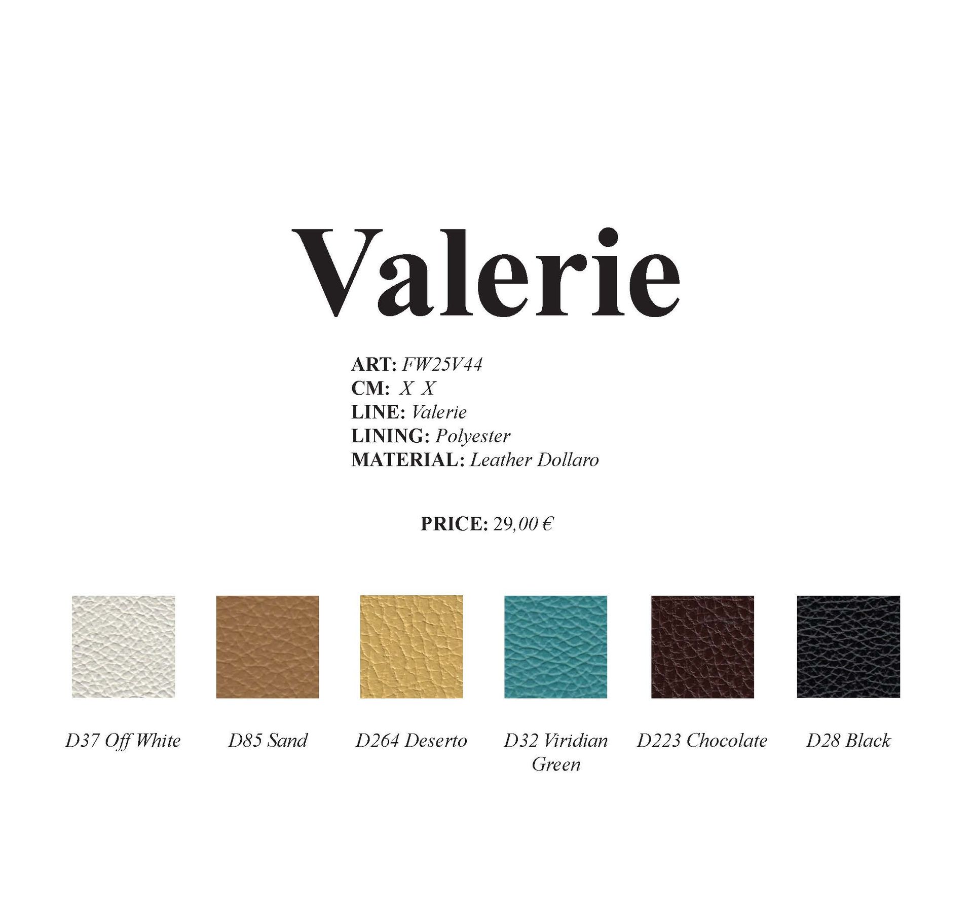 Farbmuster der Lederoptionen für ein Produkt namens „Valerie“, darunter Beige, Braun, Gold, Türkis, Dunkelbraun und Schwarz.
