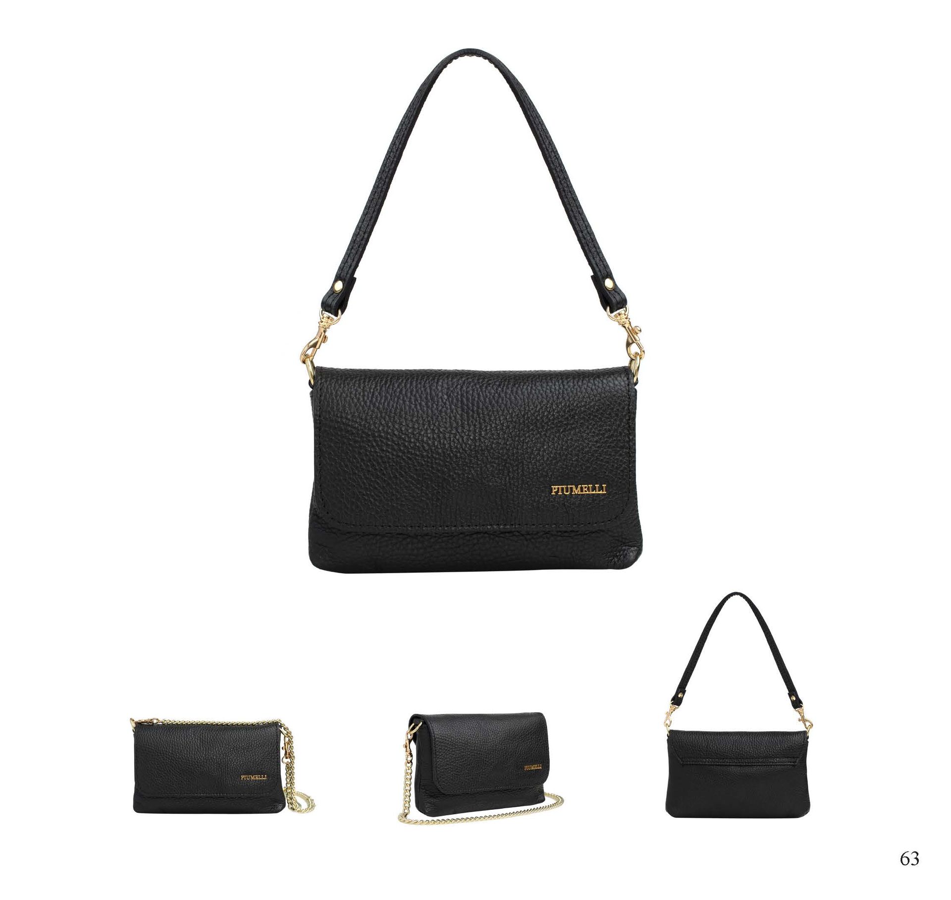 Schwarze Schultertasche aus Leder mit goldfarbenen Beschlägen und drei kleineren Varianten.