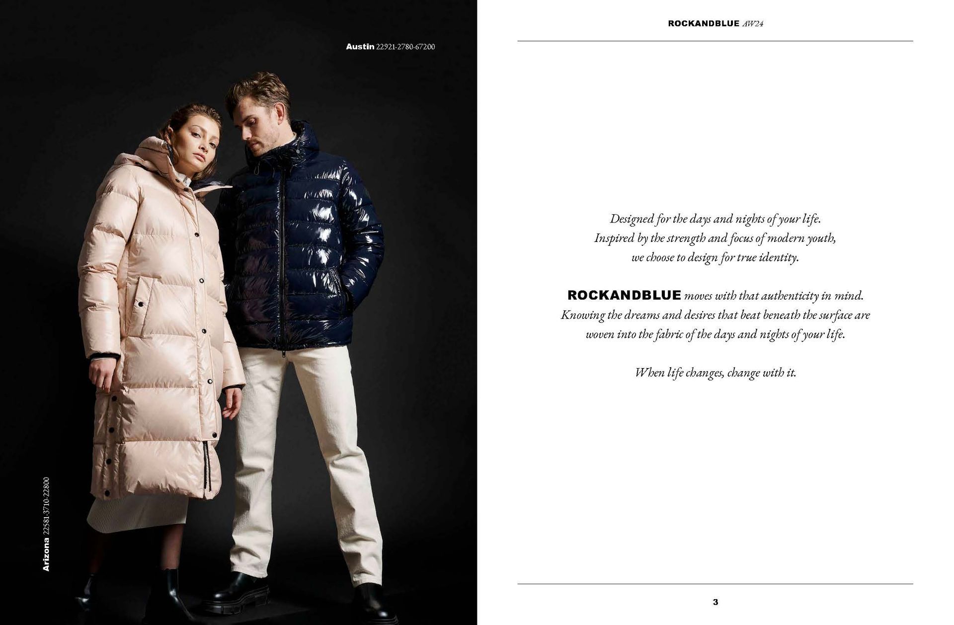 Paar posiert in Wintermänteln; Frau in Creme, Mann in Marineblau. Schwarzer Hintergrund.