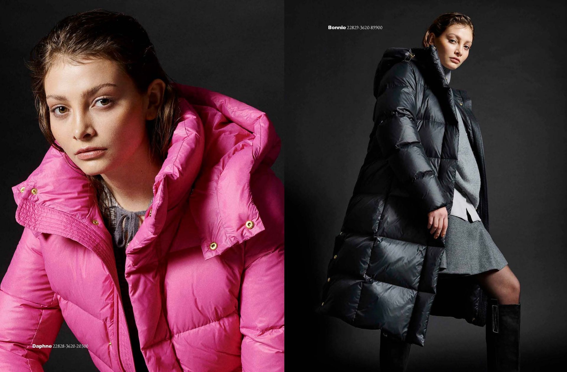 Zwei Models in dicken Wintermänteln: eines in Rosa, das andere in Schwarz, beide vor dunklem Hintergrund.