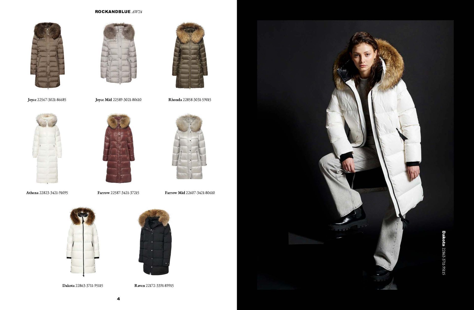 Seite aus einem Wintermantelkatalog mit verschiedenen Modellen sowie einer Frau, 