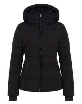 Schwarze Steppjacke mit Kapuze, Reißverschluss vorne und taillierter Passform.