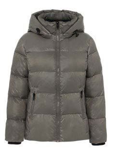 Graue Steppjacke mit Kapuze.
