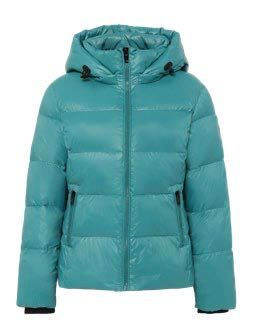 Türkisfarbene Steppjacke mit Kapuze, schwarzen Reißverschlüssen und Bündchen.