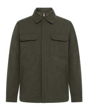 Grüne Jacke mit zwei Brusttaschen, Kragen und Reißverschluss.
