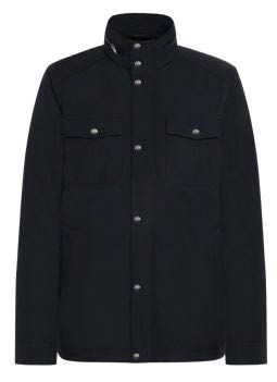 Marineblaue Button-Down-Jacke mit hohem Kragen und zwei Brusttaschen.