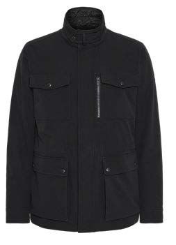Schwarze Herrenjacke mit vier Taschen, Reißverschluss und hohem Kragen.