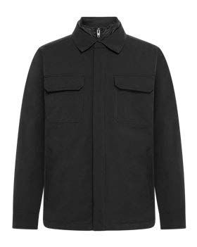 Schwarze Jacke mit Kragen, zwei Brusttaschen und Reißverschluss.