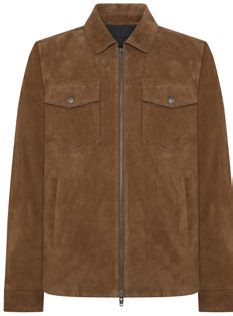 Braune Wildlederjacke mit Reißverschluss und zwei Brusttaschen.