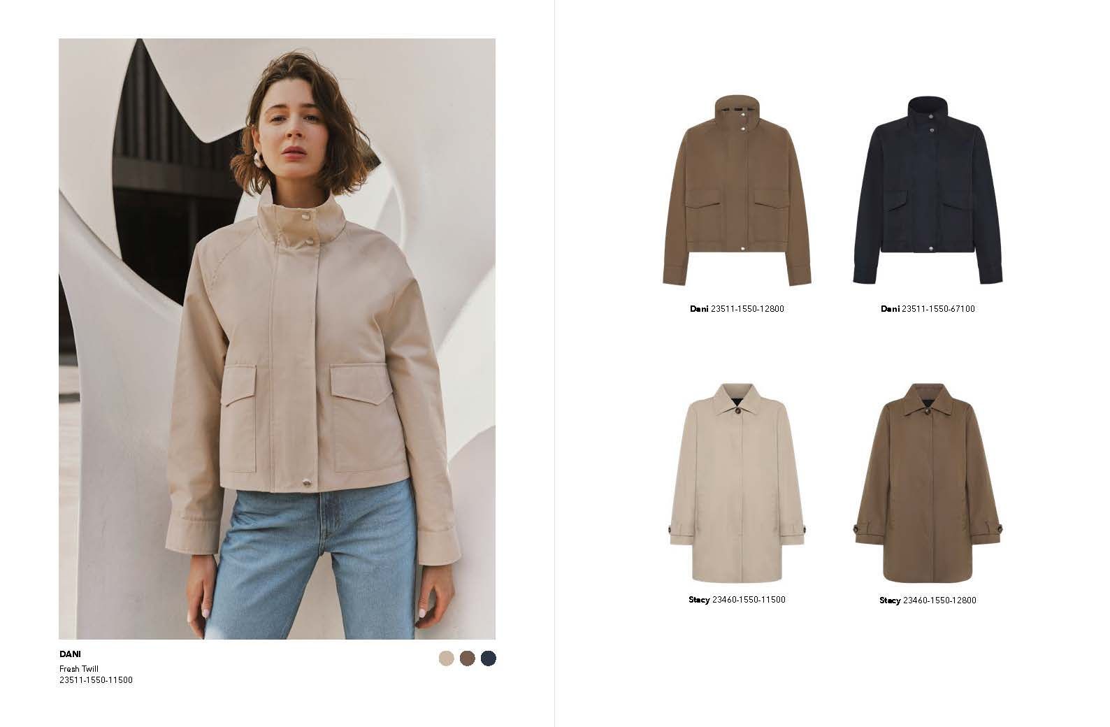 Frau in beiger Jacke und Jeans, Produktbilder von Jacken in verschiedenen Farben.