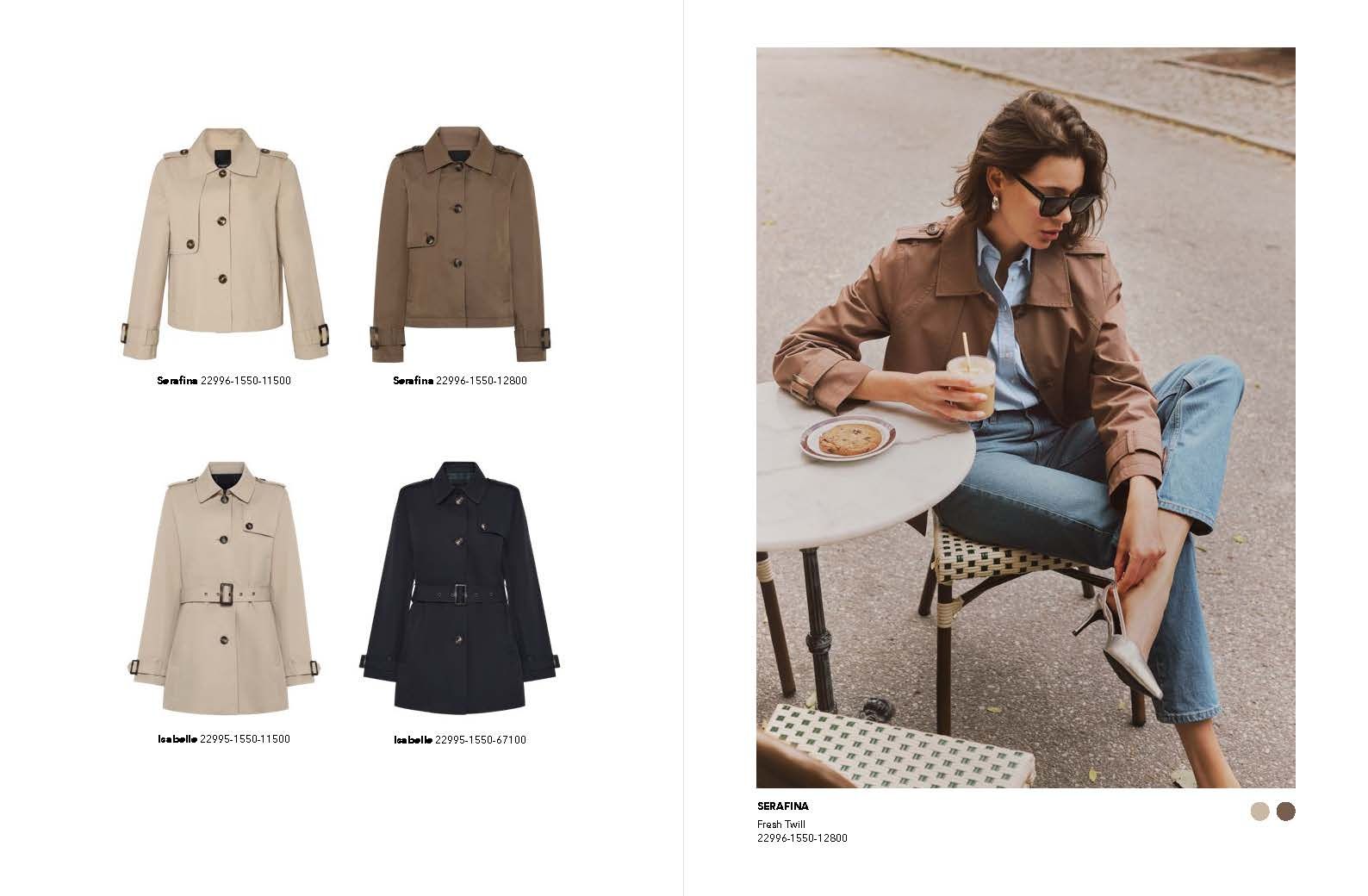 Frau in brauner Jacke und Jeans in einem Café; vier Trenchcoat-Modelle.