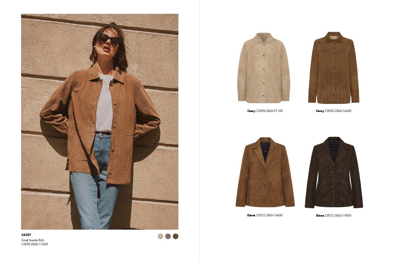 Frau in brauner Wildlederjacke und Jeans. Produktfotos ähnlicher Jacken in verschiedenen Farben.