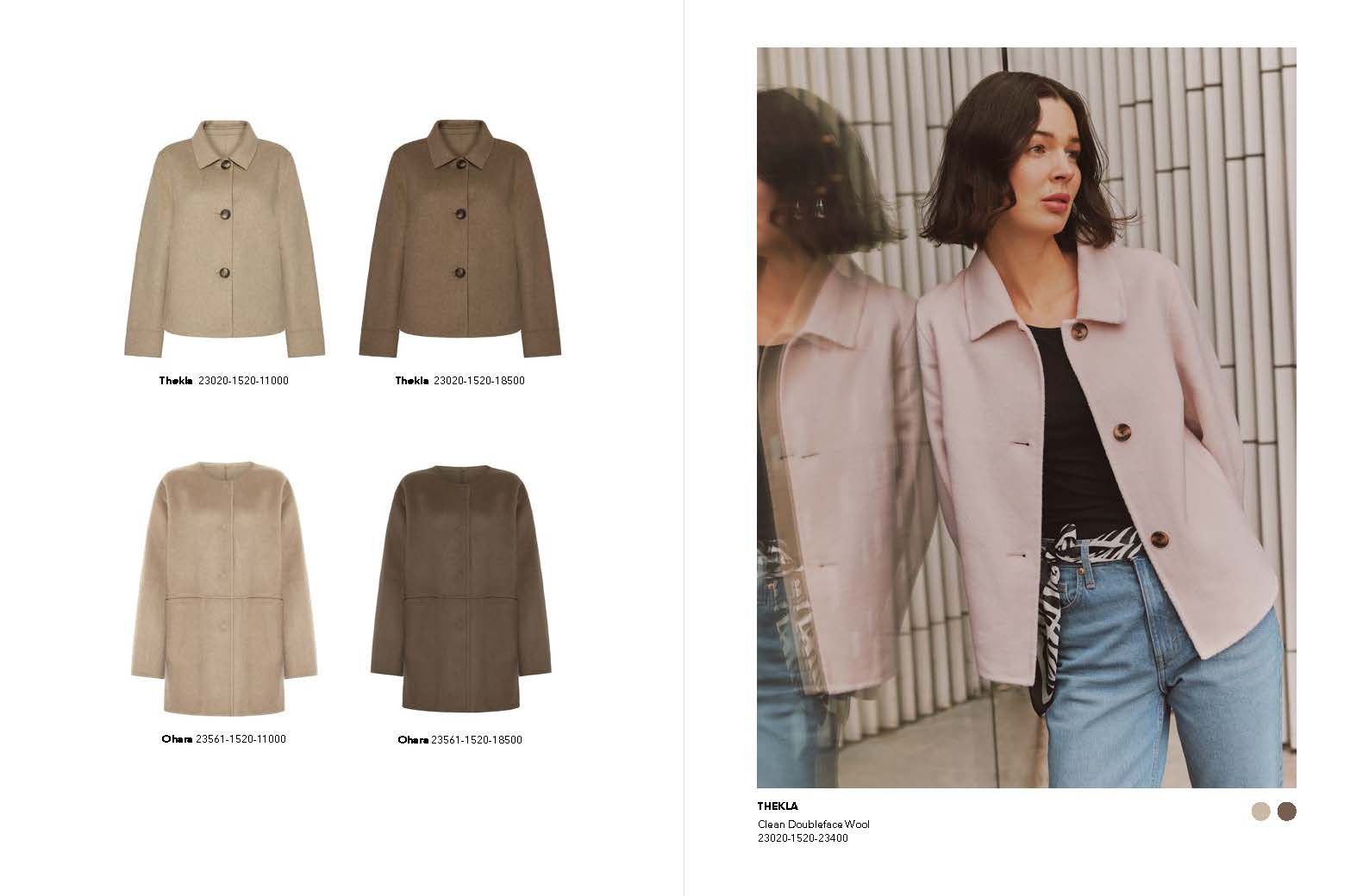 Doppelseite im Bekleidungskatalog: Jacken in Beige, Braun und Rosa. Frau in rosa Jacke und Jeans, die zur Seite blickt.