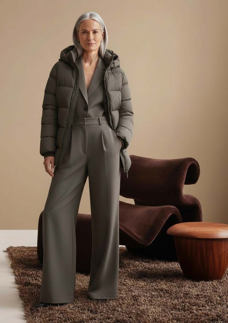 Eine Frau in grauem Overall und Daunenjacke posiert neben einem braunen Sessel und Hocker.