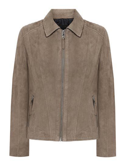 Beige Wildlederjacke mit Reißverschluss und Kragen.