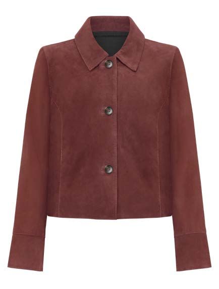 Ziegelrote Wildlederjacke mit Kragen und drei Knöpfen.