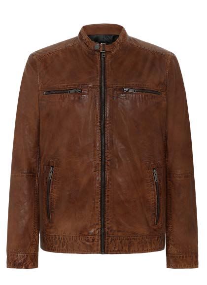 Braune Lederjacke mit Reißverschluss und mehreren Taschen.