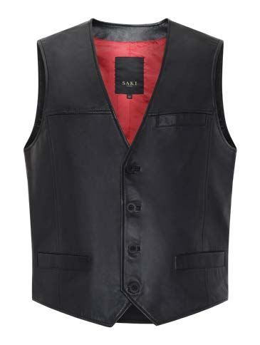 Schwarze Lederweste mit rotem Futter, drei Knöpfen und zwei Taschen.