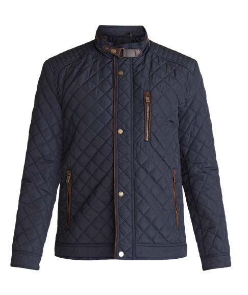 Marineblaue Steppjacke mit braunem Besatz und Reißverschlüssen.