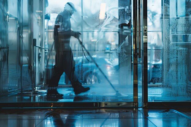 professional cleaner work their figure reflected sparkling clean glass door
