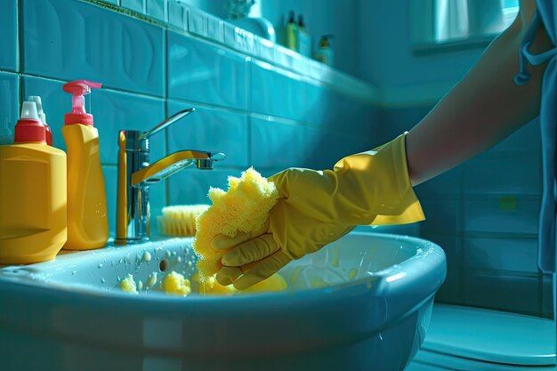 professional cleaning bathroom toilet hands rubber gloves sponge detergent