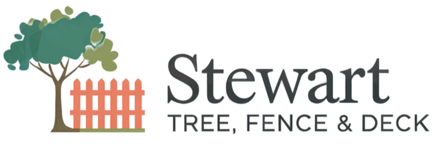 The logo for stewart 's tree , fence and deck shows a tree and a fence.