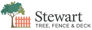 The logo for stewart 's tree , fence and deck shows a tree and a fence.