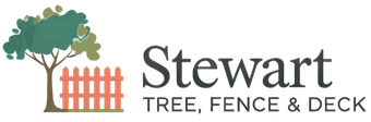The logo for stewart 's tree , fence and deck shows a tree and a fence.