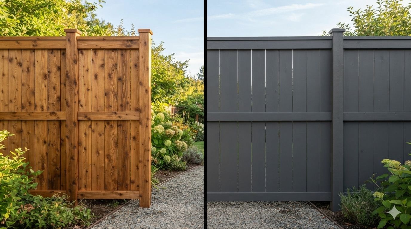 A side-by-side comparison photo of a wooden backyard fence, showing a rich natural wood grain stain 