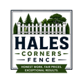 Hales Corners Fence Logo with White Picket Fence, Tree Background, Green Banner, Tagline, and Company Name in Hales Corners, WI