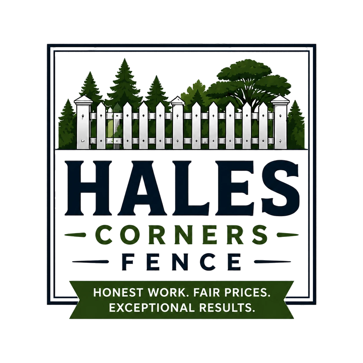 Hales Corners Fence Logo with White Picket Fence, Tree Background, Green Banner, Tagline, and Company Name in Hales Corners, WI