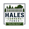 Hales Corners Fence Logo with White Picket Fence, Tree Background, Green Banner, Tagline, and Company Name in Hales Corners, WI