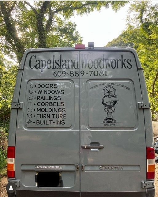 the back of a van that says cape island woodworks on it 