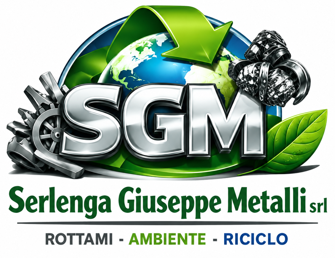 SGM logo with globe, gears and green recycling arrows; Serlenga Giuseppe Metalli srl, rottami ambiente riciclo