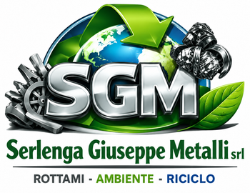 SGM logo with globe, gears and green recycling arrows; Serlenga Giuseppe Metalli srl, rottami ambiente riciclo
