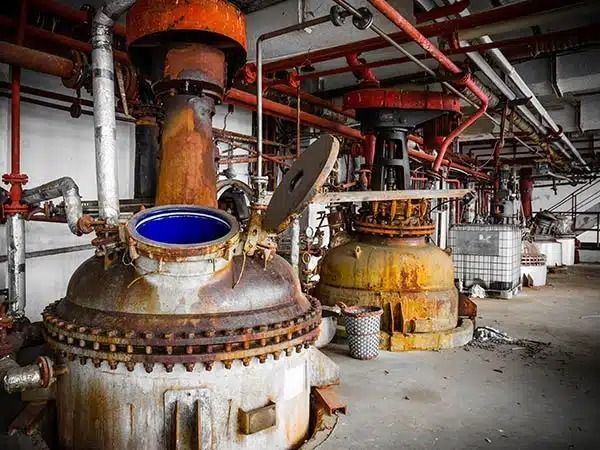 Impianto industriale con grandi serbatoi metallici arrugginiti, tubature e aperture illuminate di blu all'interno di una fabbrica.